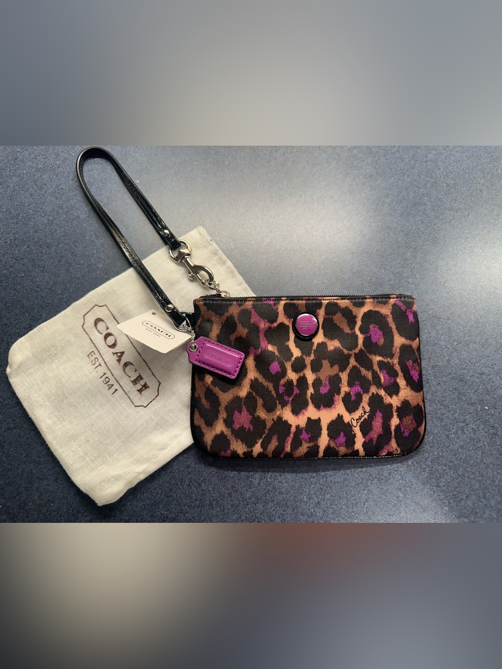 Coach Wristlet Clutch Ocelot Leopard Print Purple Brown Black NEW WITH TAG / BAG